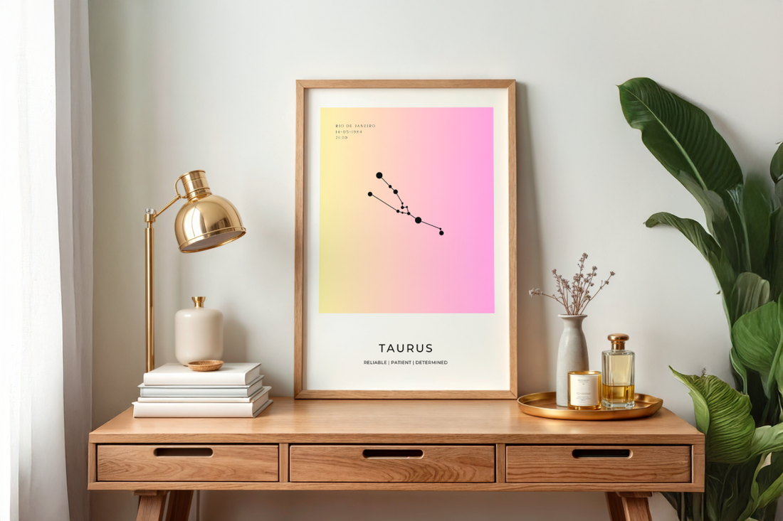 Personalized Taurus Zodiac poster wall art by Wallfully on a wooden console table with plants.