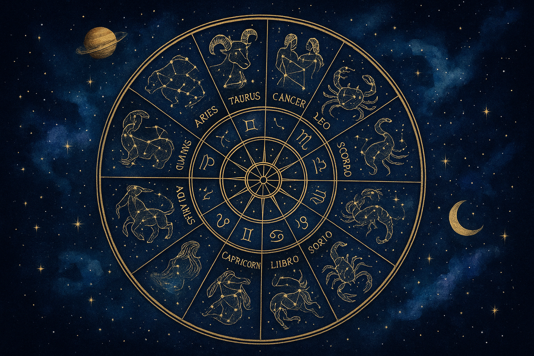 A zodiac image with all zodiac signs and its elements in blue sky and golden color