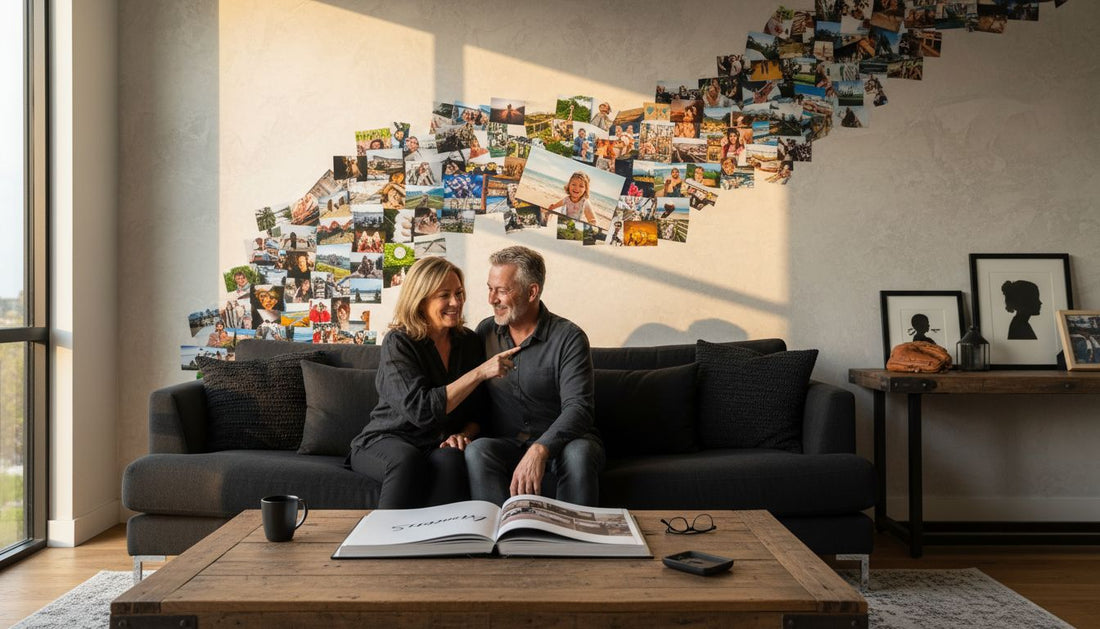 Modern living room with collage poster display