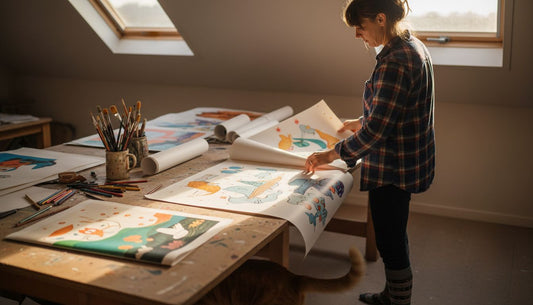 Artist arranging posters in sunlit attic studio