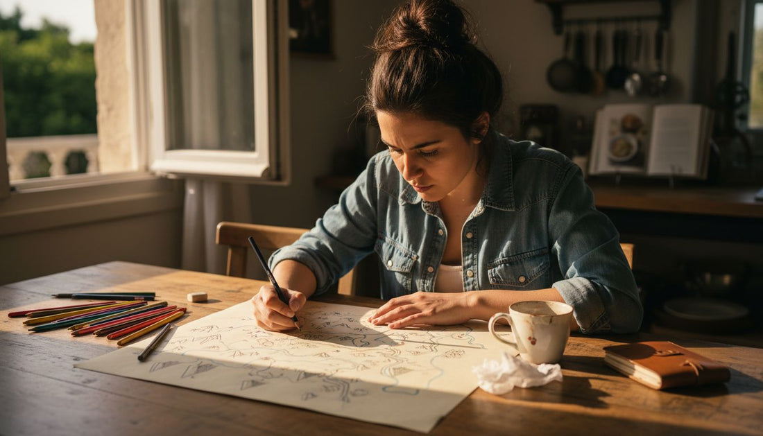 Woman sketching custom map art at table