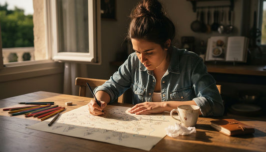 Woman sketching custom map art at table
