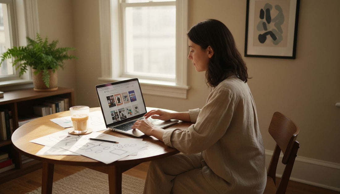 Woman customizing poster online in sunlit room