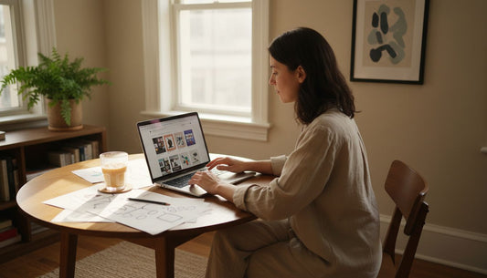 Woman customizing poster online in sunlit room