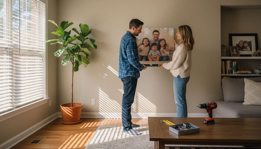 Couple hanging custom art in living room