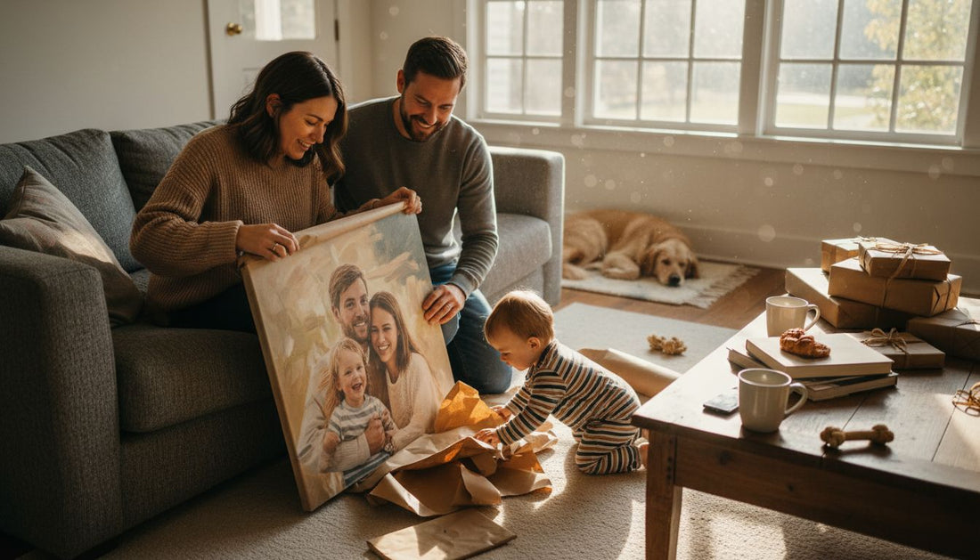 Family unwrapping personalized art gift in living room