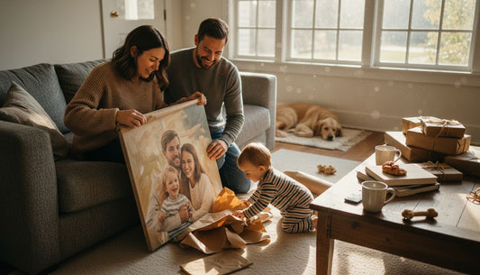 Family unwrapping personalized art gift in living room