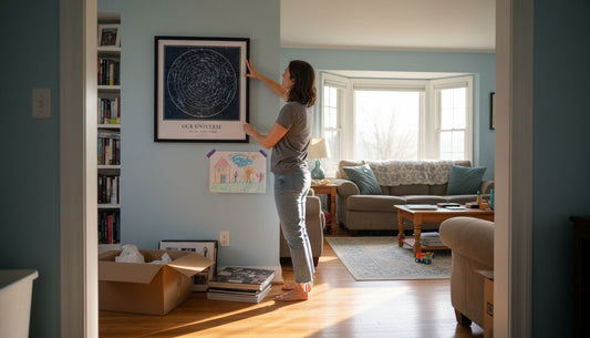 Woman hanging personalized wall art in cozy living room