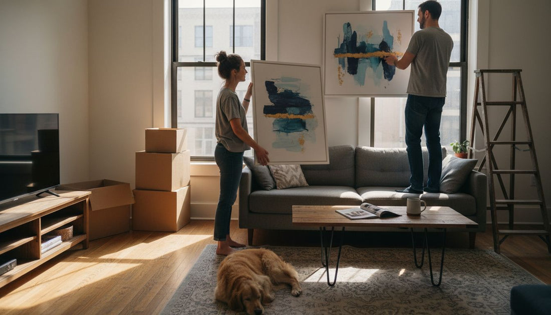 Couple installing personalized wall art at home