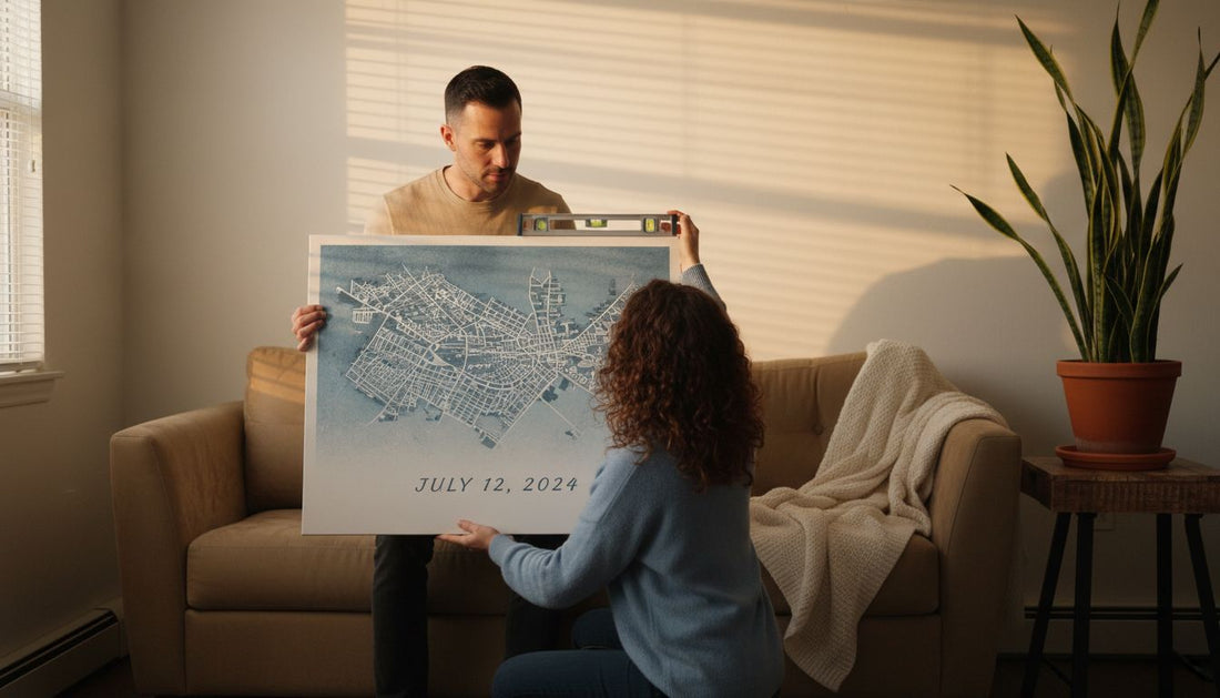 Couple hanging personalized wall art in apartment