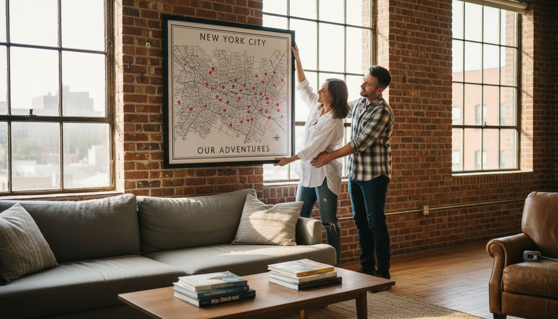Couple hanging map wall art in loft