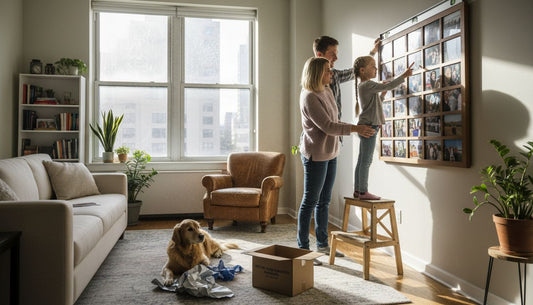 Family hanging framed wall art in living room