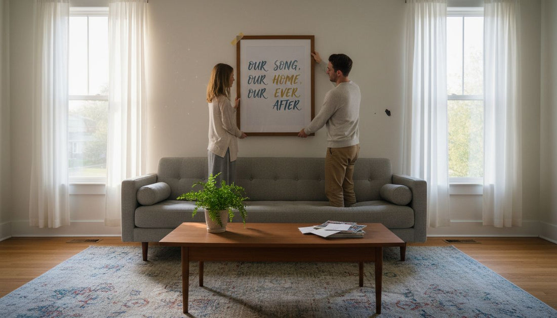 Couple hanging lyric poster in living room