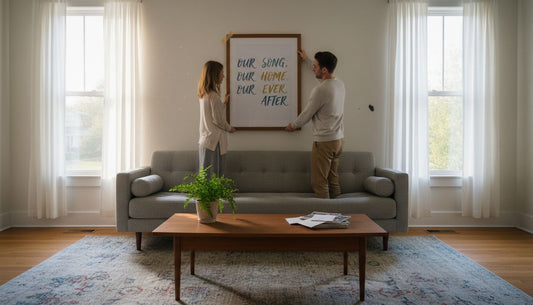 Couple hanging lyric poster in living room