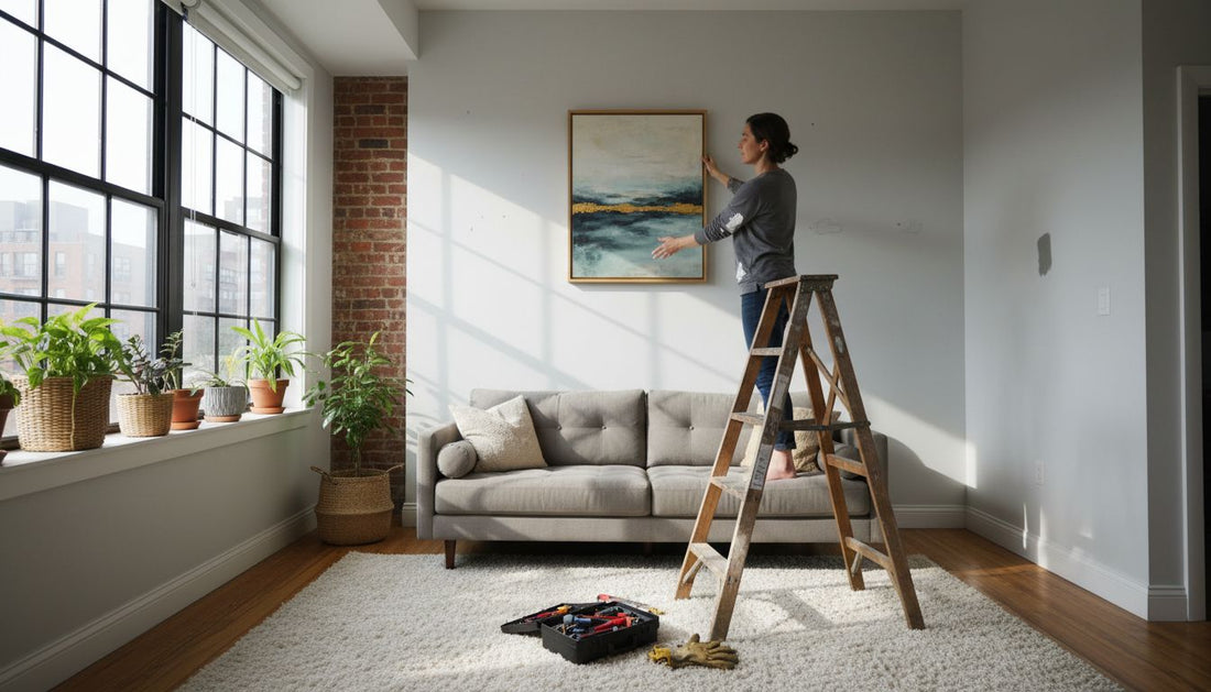 Woman hanging custom art in urban living room
