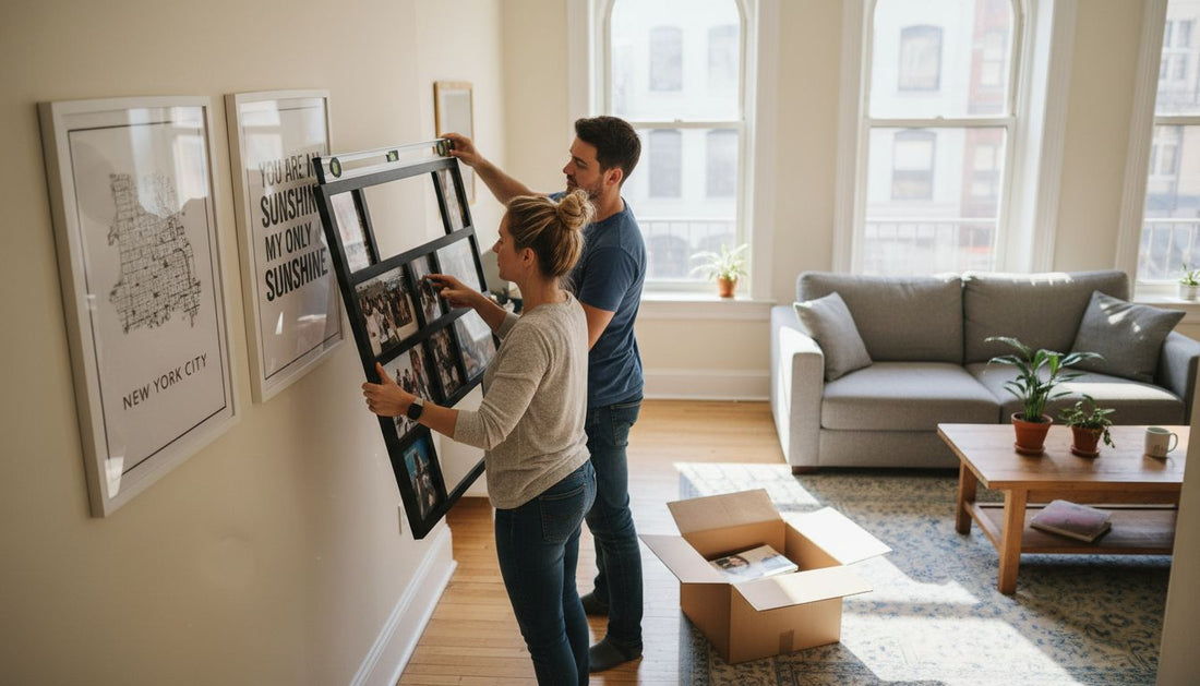 Couple hanging personalized wall art in living room