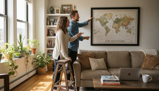Couple hanging framed map above sofa