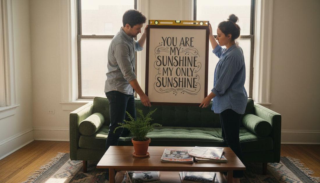 Couple hanging lyric poster in apartment