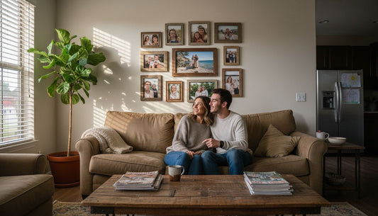 Couple admiring photo collage poster in living room