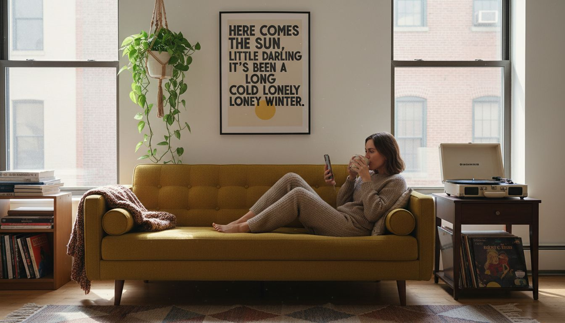 Lyric poster on wall of sunlit living room