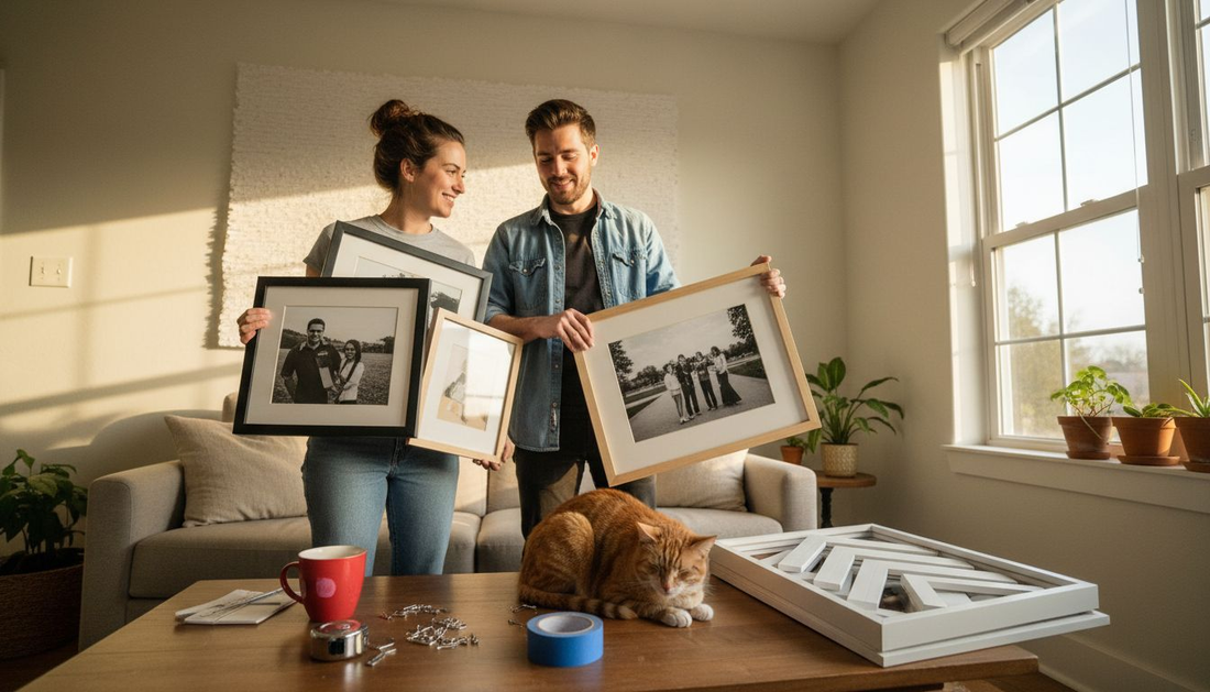 Couple arranging photo collage on living room wall