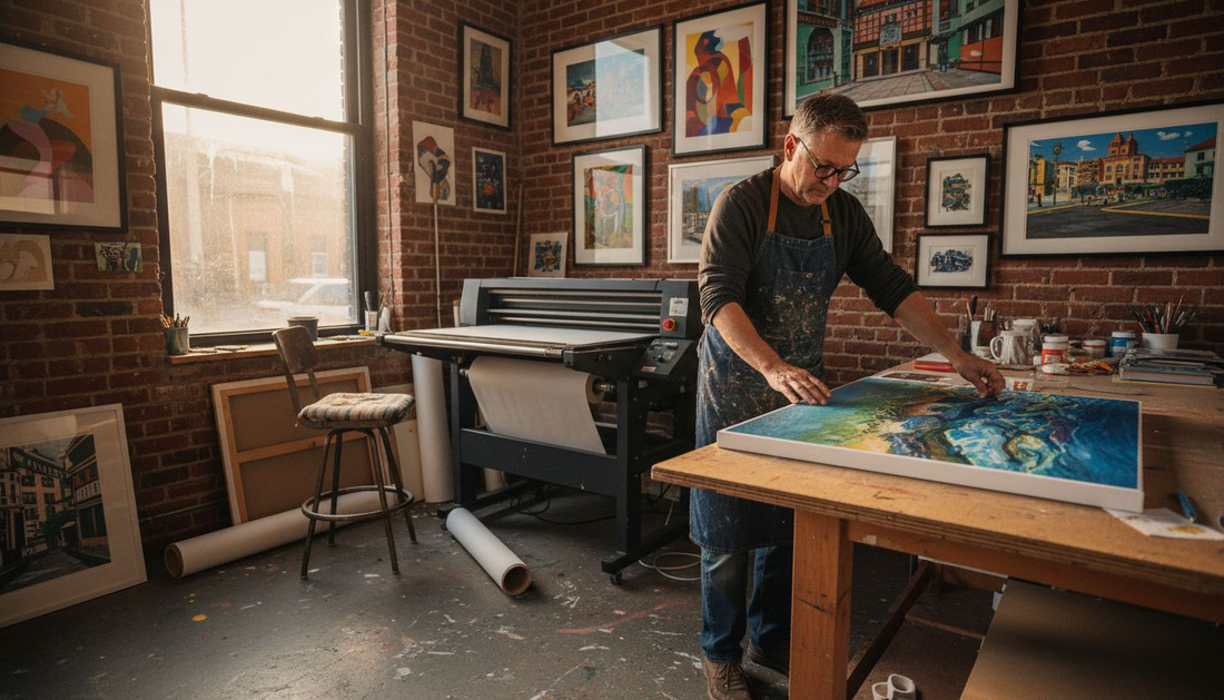 Artist reviewing new canvas print in studio