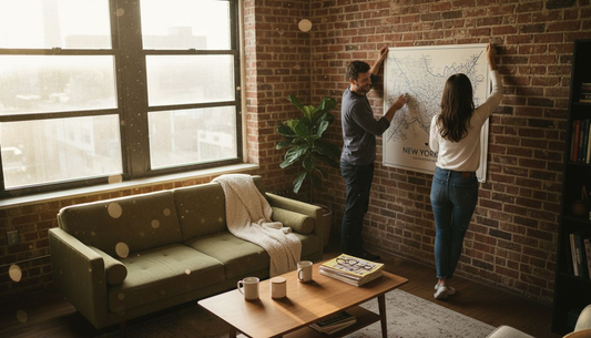 Couple hanging custom map poster at home