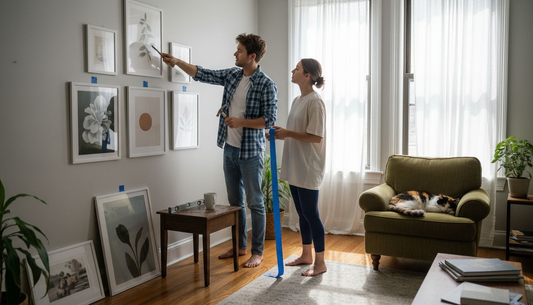 Couple arranging art in cozy living room
