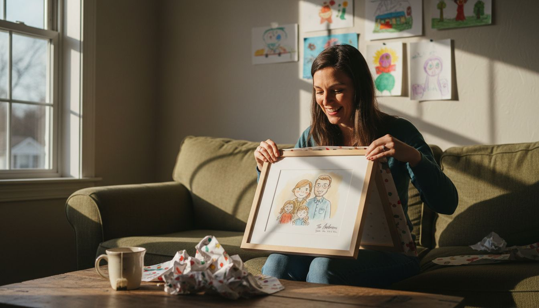 Woman unwrapping personalized family art gift