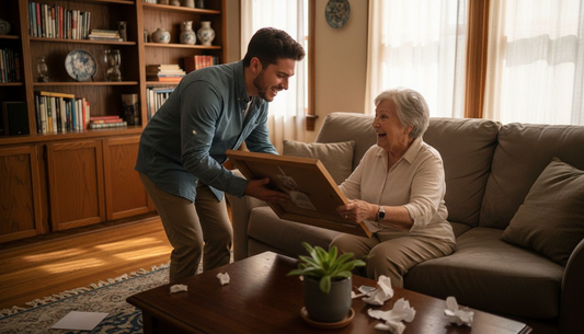 Family gifting personalized artwork in living room