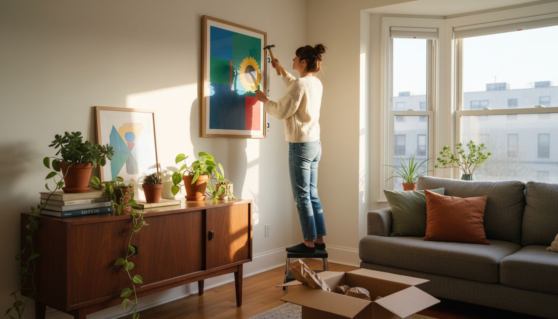 Woman hanging framed art in apartment