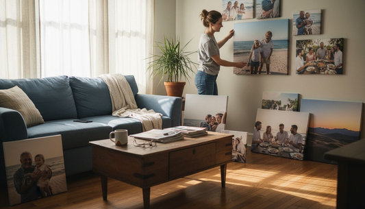 Couple arranging custom wall art at home