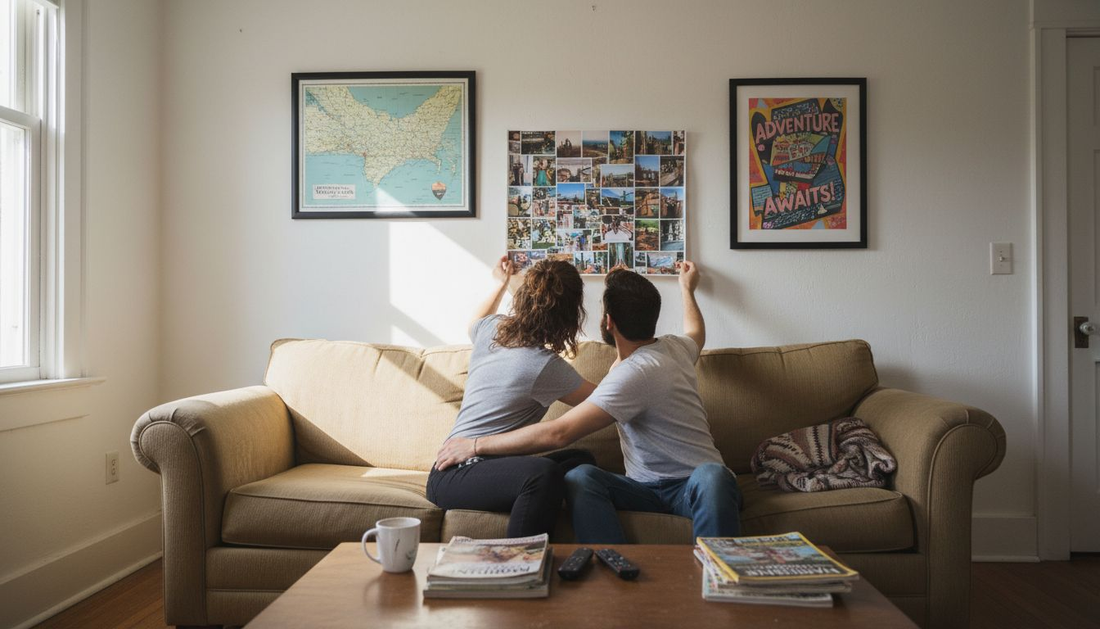 Couple hanging custom posters in living room