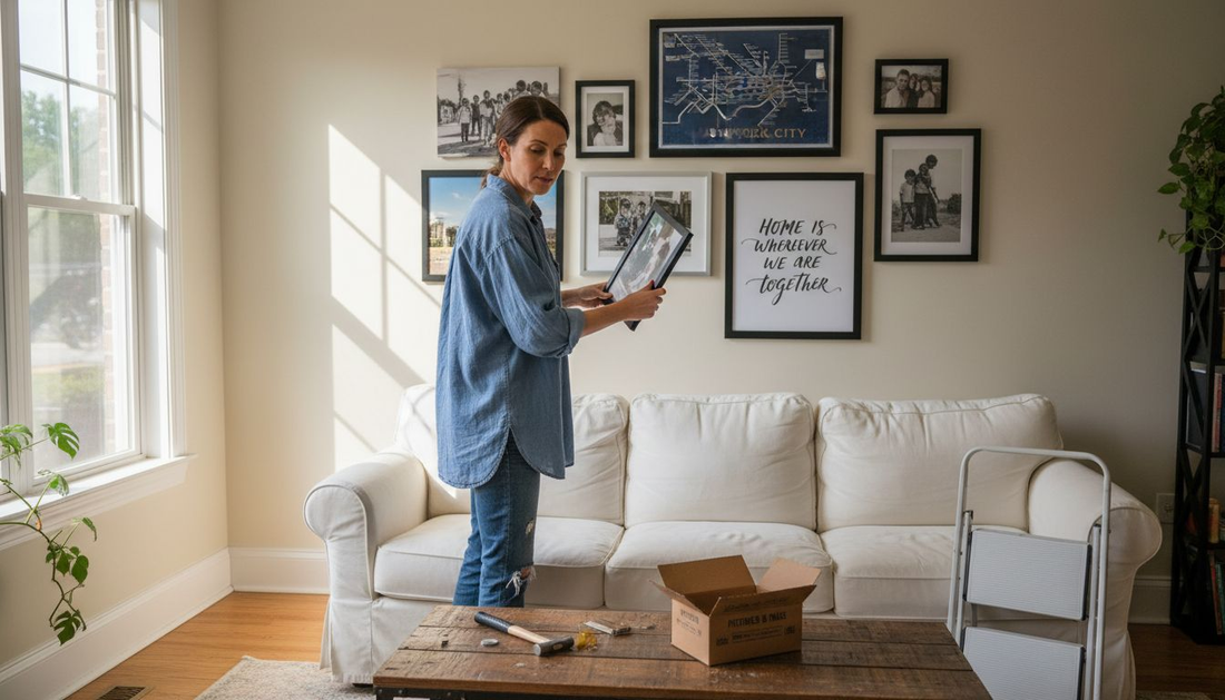 Woman arranging personalized art gallery wall at home