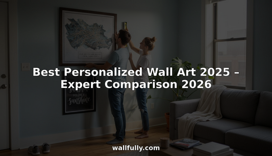 Couple hanging personalized wall art at home