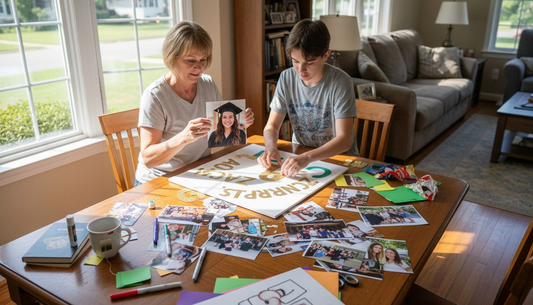 Family creating custom event poster together
