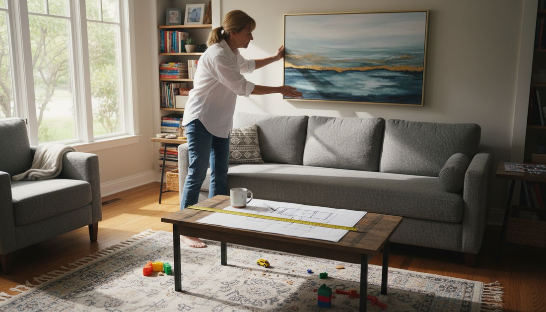 Hanging custom wall art in cozy living room