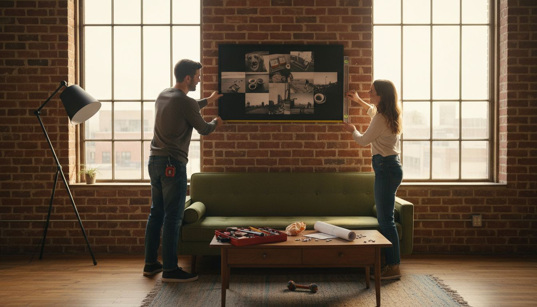 Couple hanging photo collage in loft living room