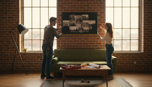 Couple hanging photo collage in loft living room