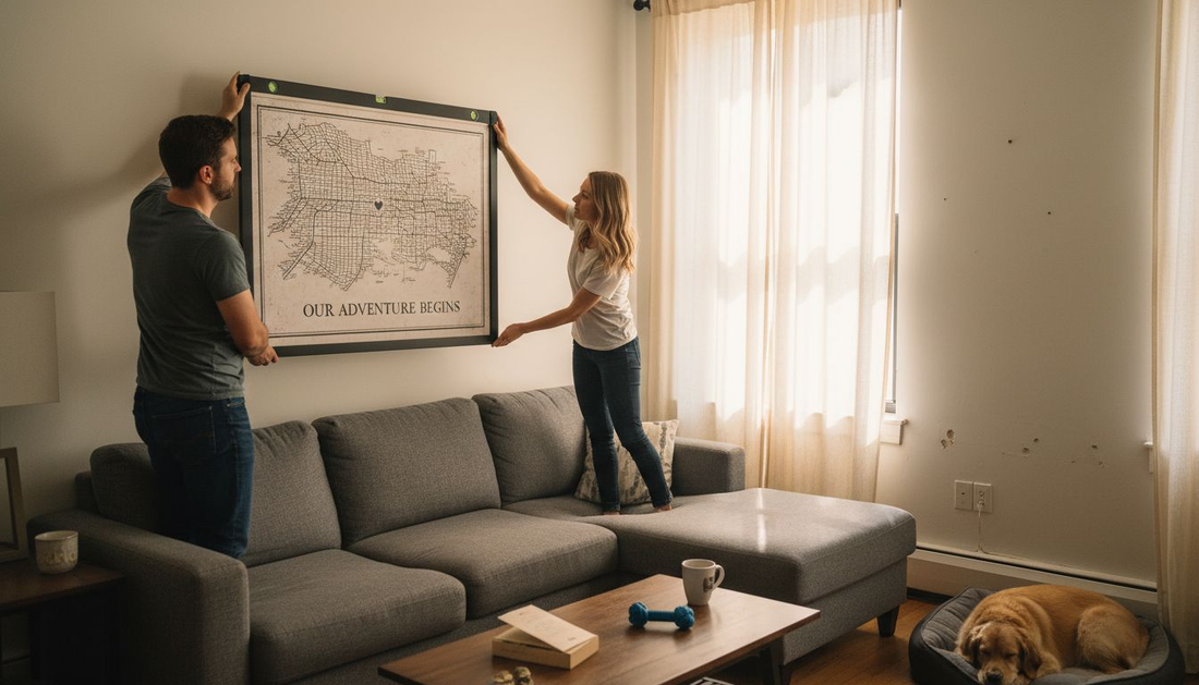 Couple hanging personalized map in living room