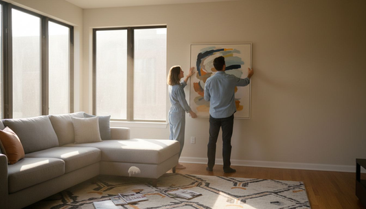 Couple selecting wall art in living room