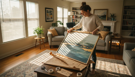 Unpacking framed custom art in cozy living room