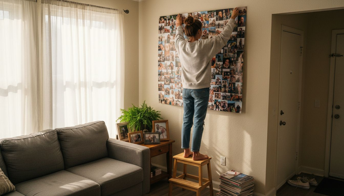 Young woman decorating wall with collage poster