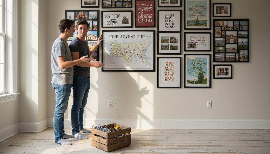 Couple hanging custom wall art in home