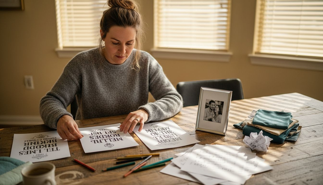 Woman designing song lyric prints at home