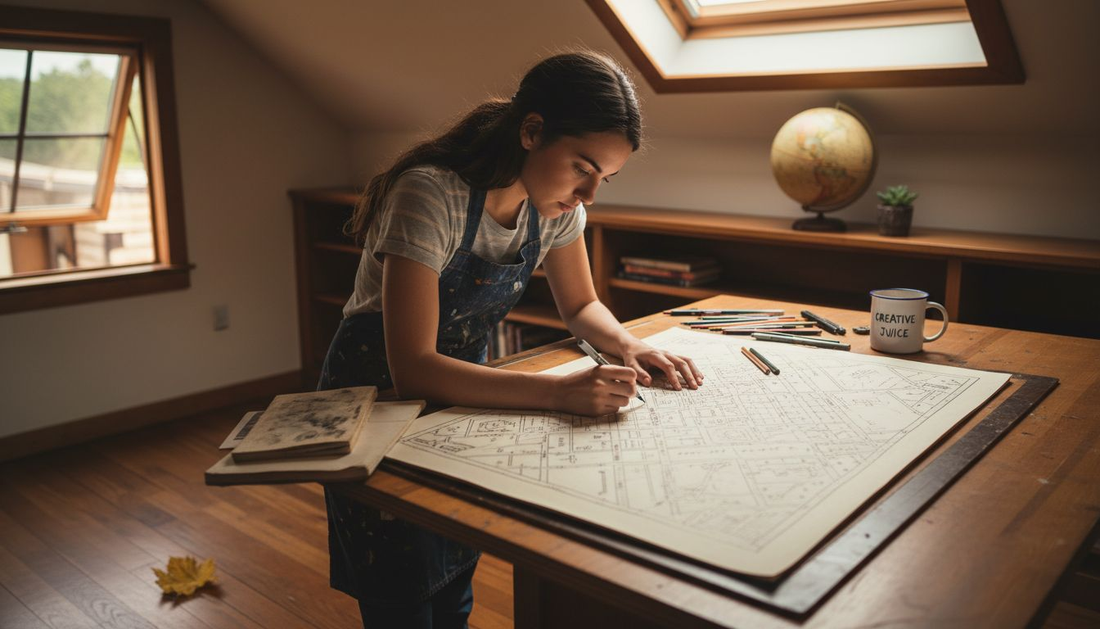 Artist drawing custom map on drafting table