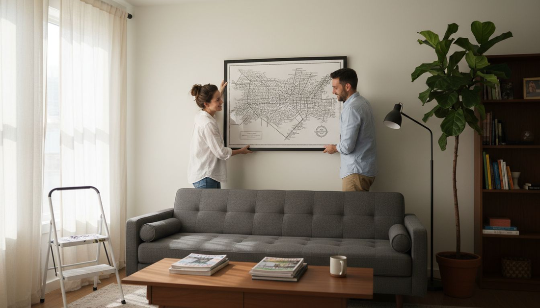 Couple hanging framed map wall art
