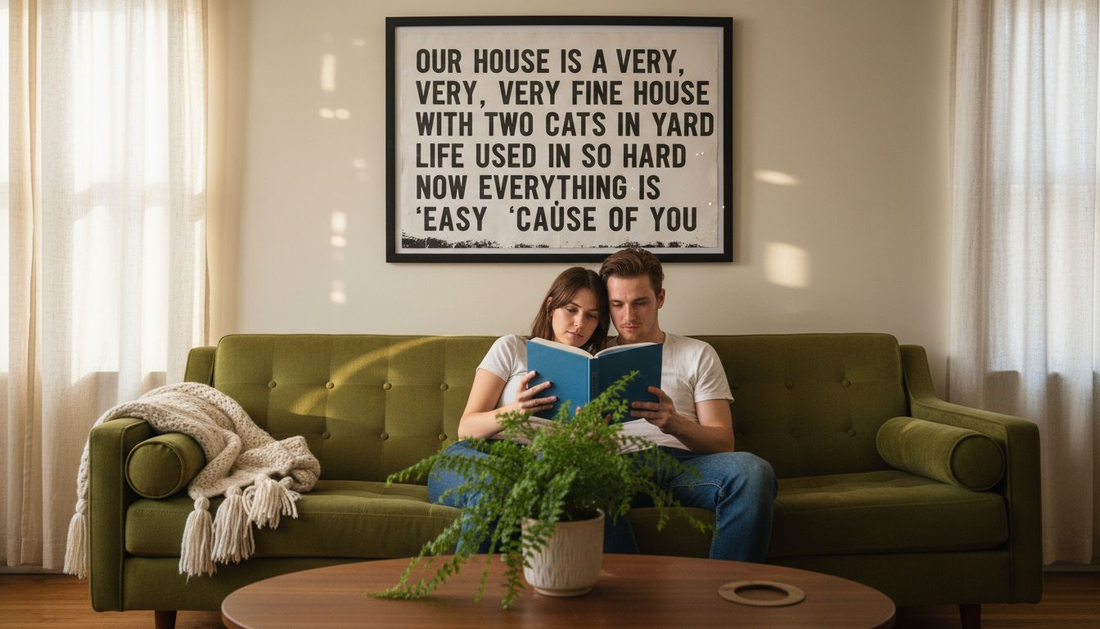 Couple relaxing under framed song lyric art