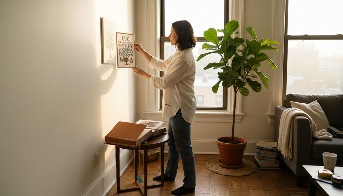 Woman arranging personalized art in bright home