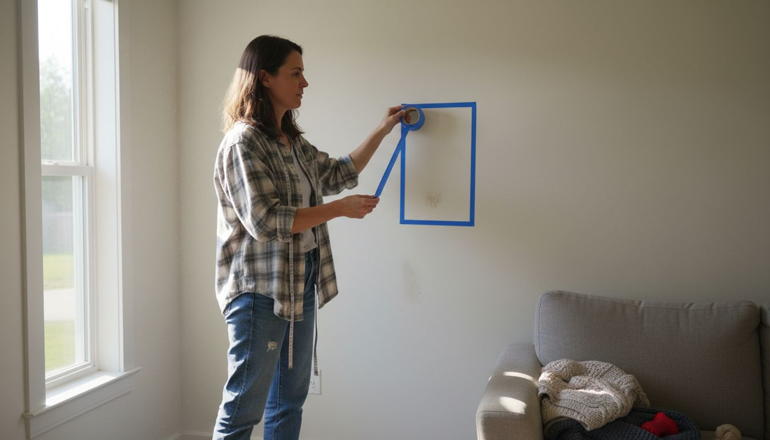 Woman plotting wall art layout at home